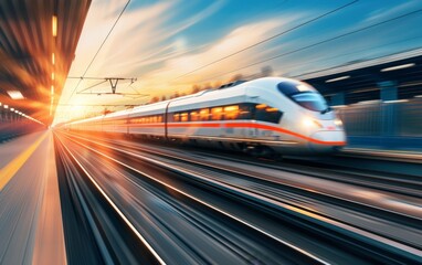 High speed train in motion on the railway station at sunset. Fast moving modern passenger train on railway platform. Railroad with motion blur effect.