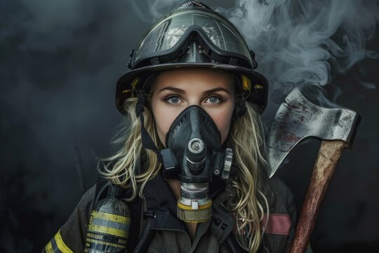A woman in firefighter gear wears a helmet and holds a large axe indoors amidst smoke.