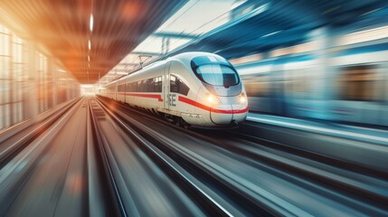 Fototapeta premium High speed train move motion on railway locomotive passenger. Adventure business vibe.