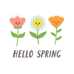 Hello spring design with cute flowers. Template for cards, posters, postcards, prints and stickers. Isolated vector illustration