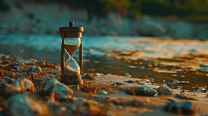 Hourglass in the dawn time. Sand passing through the glass bulbs of an hourglass measuring the passing time as it counts down to a deadline or closure on a sunset. AI generated illustration - obrazy, fototapety, plakaty