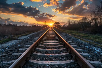 A railway track stretching into the horizon with the sun setting in the background, casting a warm glow over the scene.