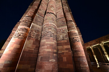 Details of Qutub Minar at Night in New Delhi, India