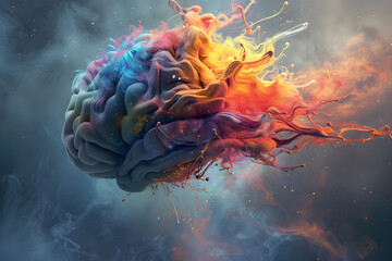 Concept of creativity. Human brain dissolving into an explosion of color - obrazy, fototapety, plakaty
