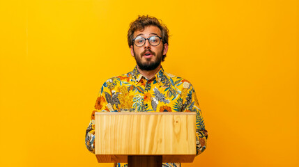 un homme avec une chemise à fleurs derrière un pupitre en bois pour faire un discours