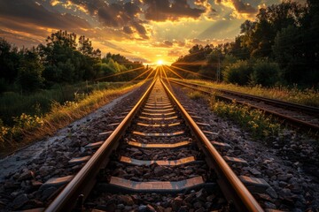Obraz premium A railway track stretches into the distance as the sun sets in the background, creating a warm orange glow.