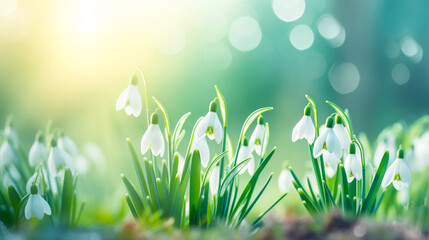 Fototapeta na wymiar Spring Concept. Delicate snowdrop flowers on the background of the forest.