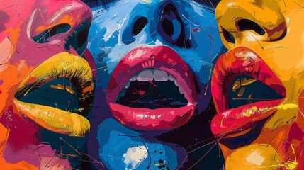 Vividly colored pop art painting featuring exaggerated lips and eyes with dynamic brush strokes.