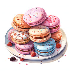 Obraz na płótnie Canvas Cookies (chocolate chip, oatmeal, etc.), sweet dessert in cafe, decorate for valentine season with pink and light blue color, valentine watercolors, watercolor illustration.