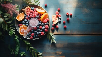 A top view of colorful fruits on a rustic table summer vibes