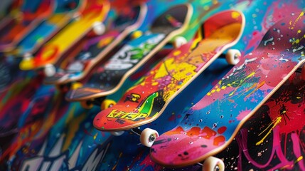 An array of skateboard decks featuring vibrant graffiti designs, showcasing a blend of street art and sporting culture.