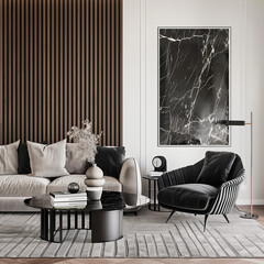 Vertical Frame Mockup for Wall Art in Modern Classic Living Room Interior. Canvas Poster Mockup on Molding Wall in Modern Luxury Black and White Design, Sofa Furnitures