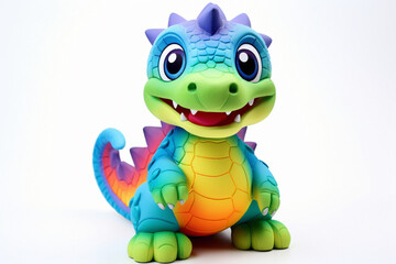 Delightful cartoonish dinosaur toy, with a friendly face and colorful scales, placed against a spotless white background, inspiring imaginative play.