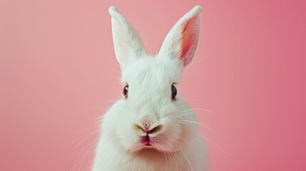 Obraz premium Cute white bunny on pink backround. Easter symbol, copy space, place for text