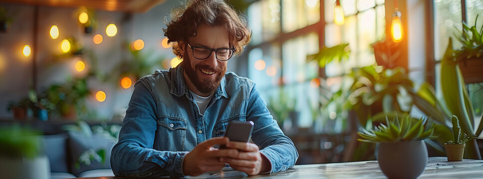 Person chatting online with smartphone in office,various icons,generative ai