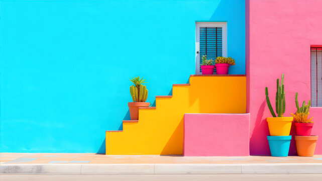 Colorful stairs with cactus on blue wall background