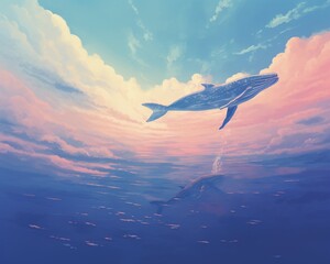 Whales gracefully swimming through the clouds sky giants