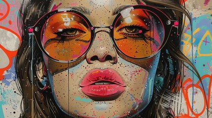 An urban graffiti-style portrait of a woman with sunglasses, showcasing a melange of vibrant colors and expressive splatter textures.