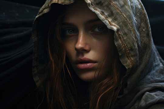 Portrait of a beautiful young woman with long hair in a hood