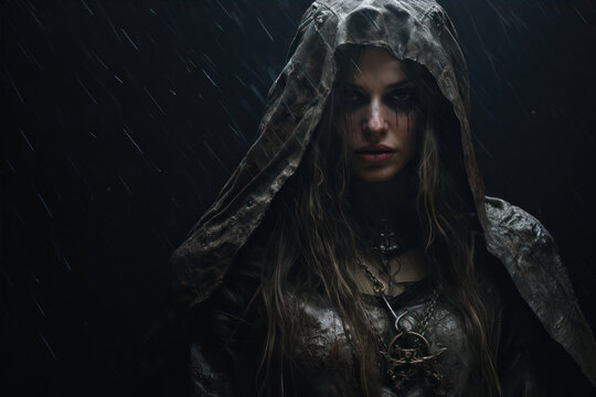 Portrait of a beautiful gothic woman in the rain.