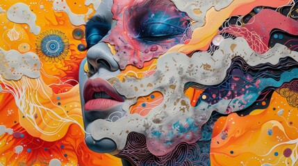 An intricate psychedelic art portrait melding a human face with organic patterns, bursting with a kaleidoscope of colors and textures.