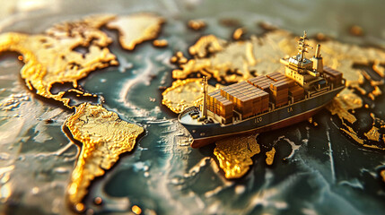 Cargo Ship Navigating Across Golden Map, Global Trade and Transportation - obrazy, fototapety, plakaty