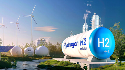 Hydrogen Storage Facility with Wind Turbines and Solar Panels, Clean Energy