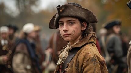 Obraz premium A young reenactor portraying a soldier, dressed in a historical military uniform, stands solemnly at a reenactment event.
