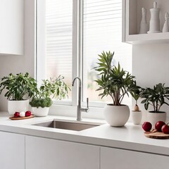 Interior elements of a modern, minimalistic white kitchen. Chic white quartz worktop including a kitchen sink with a water faucet, window, potted plant, pomegranate and finaple