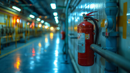 Fire extinguisher hanging on an office wall, safety measures at work. Fire emergency,generative ai