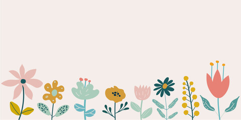 Spring background with flowers the edge and place for text. Horizontal border. Vector illustration of wildflowers in cartoon style. Template for cards, invitations, publications on social networks.