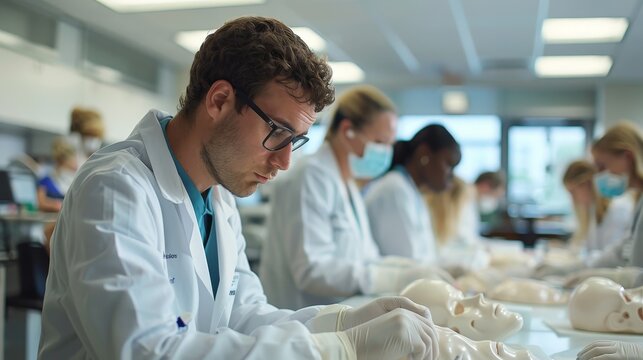 Focused medical students wearing lab coats and protective gear examine anatomical models in a well-equipped laboratory setting.