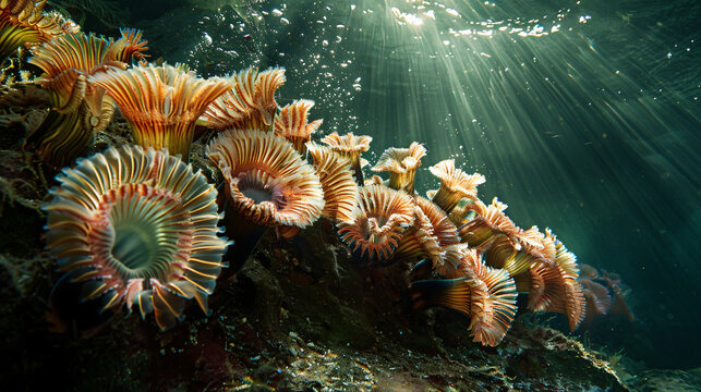 Underwater landscape with a colony of tube worms