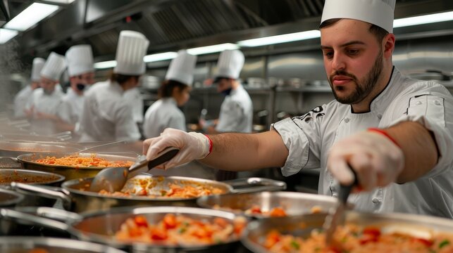 A focused chef cooking with a team in a busy commercial kitchen, surrounded by steaming pots of food.