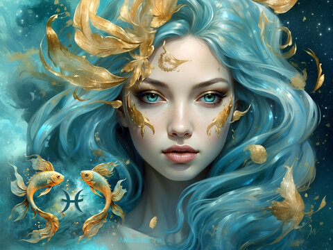 beautiful Pisces woman with zodiac sign and symbol in aquamarine and gold colors like astrology and women concept 