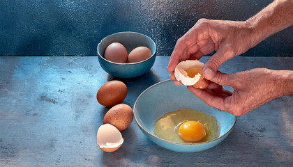 cook or chef preparing cooking or food with eggs on his plates for breakfast, lunch and dinner