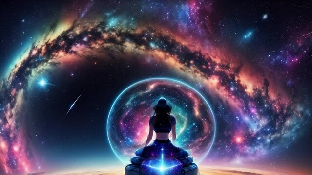 Woman Sitting in Lotus Position in Front of Galaxy Background Generative AI