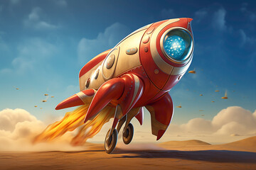 Whimsical cartoonish rocket ship, ready for blast-off against a clear white canvas, igniting dreams of exploration.