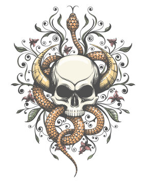 Horned Skull with Snake and Flowers Tattoo in Engraving Style