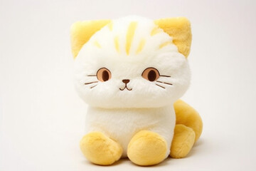 Cute cartoonish kitten plushie, nestled against a clean white backdrop, radiating warmth and coziness.