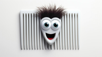Cute cartoonish comb with googly eyes and a happy demeanor, ready to tame your locks with a smile against a bright white background, promising smooth strands.