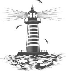 Hand Drawn Monochrome Vintage Nautical Emblem with Lighthouse