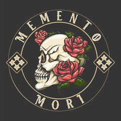 Skull with Rose Flowers with Latin Inscription Memento Mori What Means Remember Death Engraving Tattoo
