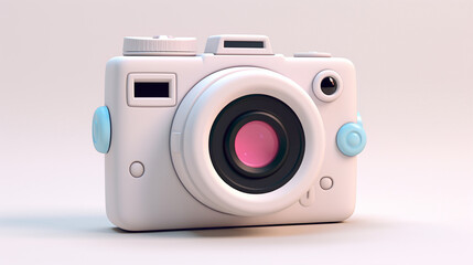 Cute cartoonish camera with big eyes and a wide smile, capturing precious moments with a click against a bright white backdrop, preserving memories in style.