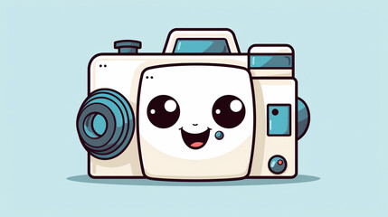 Cute cartoonish camera with big eyes and a wide smile, capturing precious moments with a click against a bright white backdrop, preserving memories in style.