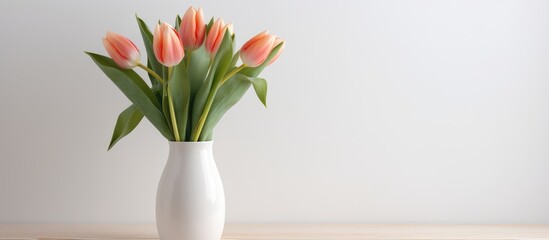 Mockup with tulips in a white framed glass vase on a light backdrop