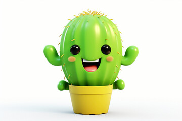 Cute cartoonish cactus character, with a smiling face, positioned against a pristine white backdrop, radiating quirky charm.
