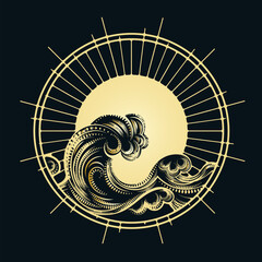 Golden Ocean Wave in Sunlight Circle Backround Emblem