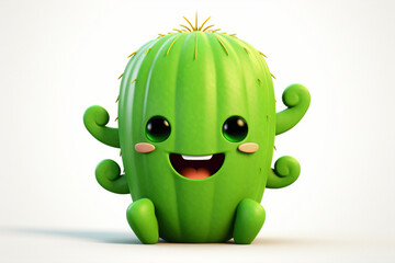Cute cartoonish cactus character, with a smiling face and prickly arms, against a pristine white backdrop, symbolizing resilience and charm.