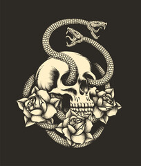 Human Skull with Snakes and Rose Flowers Engraving Tattoo